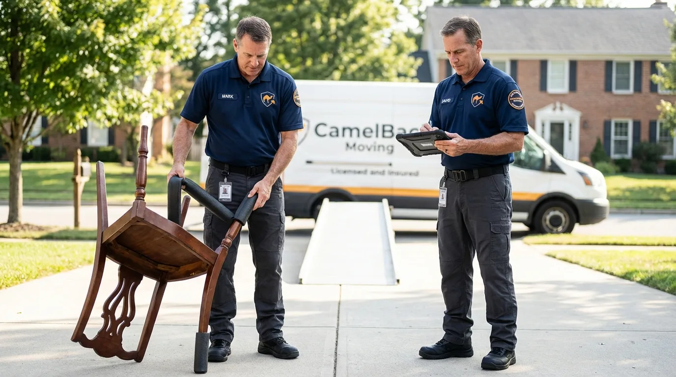 Movers inspecting furniture for damage prevention before loading in Chambersburg, PA