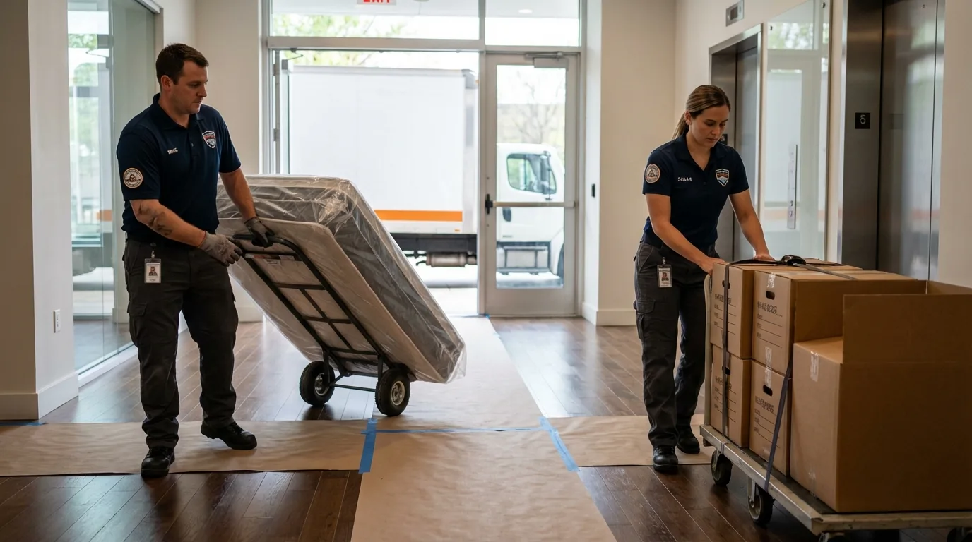 Professional apartment movers loading elevator in Chambersburg, PA