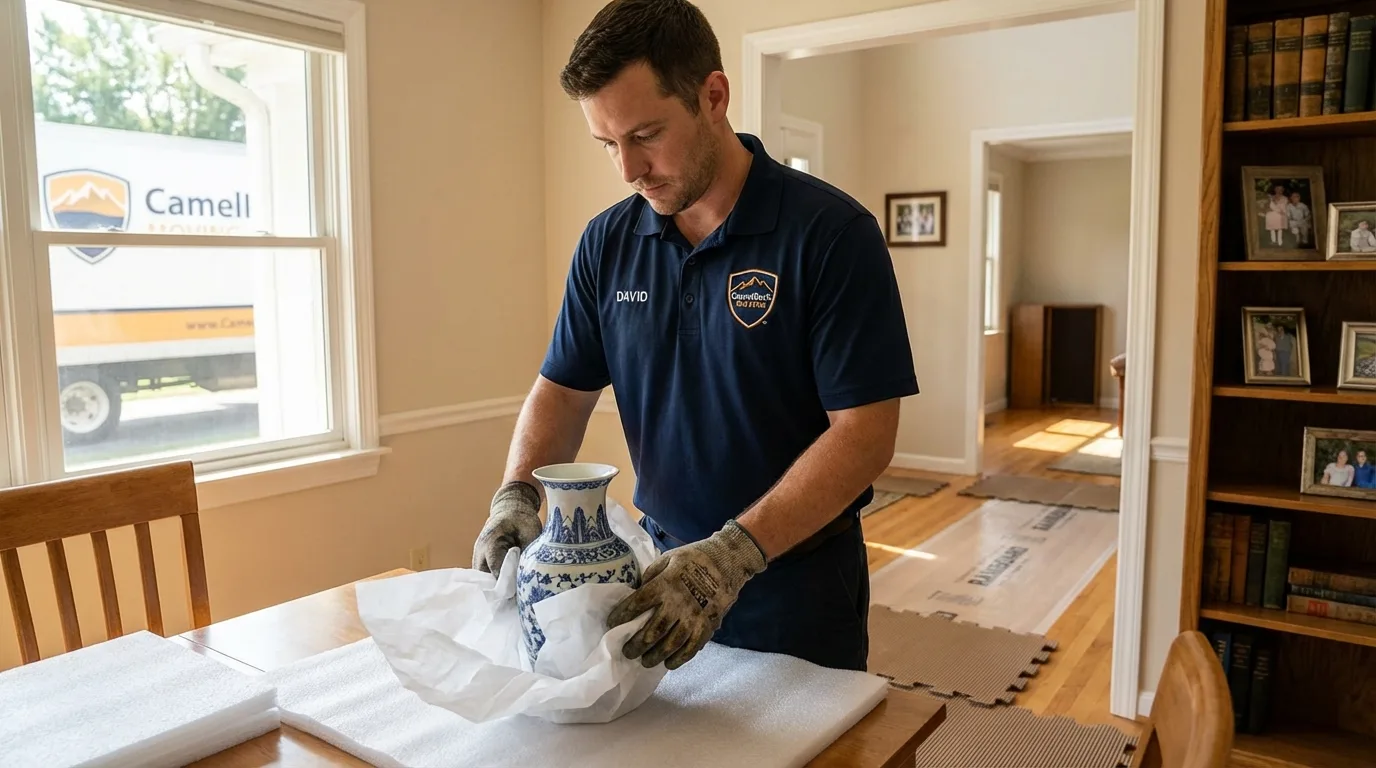 Professional crew carefully wrapping antique vase for senior downsizing move in Chambersburg, PA